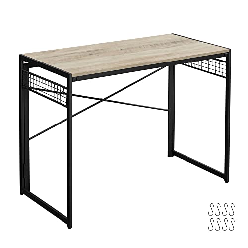 Computer Desk, Folding Writing Desk with 8 Hooks, Study Desktop Workstation, No Tools Required, Industrial, for Home Office, Laptop, and PC, Greige and Black