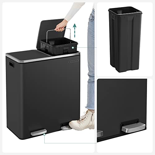 Double Rubbish Bin, 2 x 30L Waste and Recycling Kitchen Bin with 15 Rubbish Bags, Metal Pedal Bin, Plastic Inner Buckets and Hinged Lids, Handles, Soft Closure, Airtight, Black