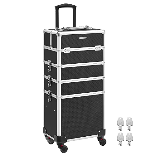 Professional Makeup Case, 4-in-1 Travel Beauty Trolley, Large Cosmetic Trolley for Hairdressers, Lockable Rolling Makeup Case with 360-Degree Universal Castors, Black