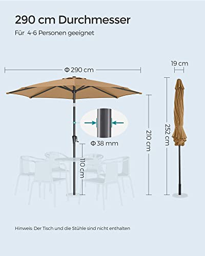 290 cm Garden Parasol Umbrella, UPF 50+, Sun Shade, 30° Tilt in 2 Directions, Crank Handle for Opening and Closing, for Outdoor Gardens Pool Balcony Patio, Base Not Included, Taupe