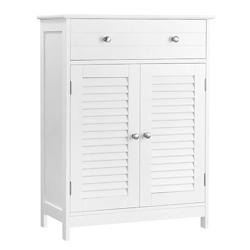 Bathroom Floor Cabinet, Storage Organiser Unit, 60 x 30 x 80 cm, Cupboard with 2 Louvred Doors, Drawer, Adjustable Shelf, Scandinavian Nordic Style, Matte White