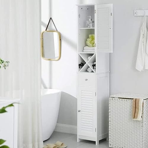 Floor Cabinet, Bathroom Tall Cabinet with Shutter Doors, Drawer, and Removable X-Shaped Stand, 32 x 30 x 170 cm, Scandinavian Style, White