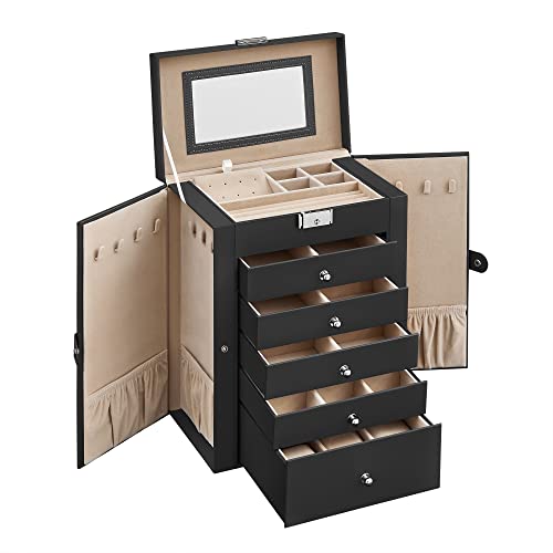 Jewellery Box 6 Tiers, Jewellery Case with 5 Drawers, Large Storage Capacity, with Mirror, Lockable, Jewellery Storage Organiser, Gift for Loved Ones, for Watches, Black