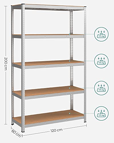 5-Tier Shelving Unit, Steel Shelving Unit for Storage, Tool-Free Assembly, for Garage, Shed, Load Capacity 875 kg, 60 x 120 x 200 cm, Silver