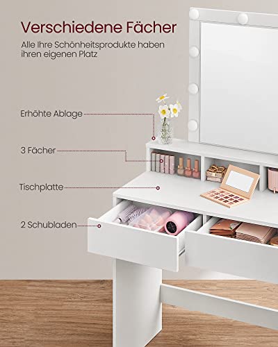 Dressing Table with Mirror and Bulbs, Cosmetic Table with 2 Drawers and 3 Open Compartments, Dressing Table for Makeup, Modern, White