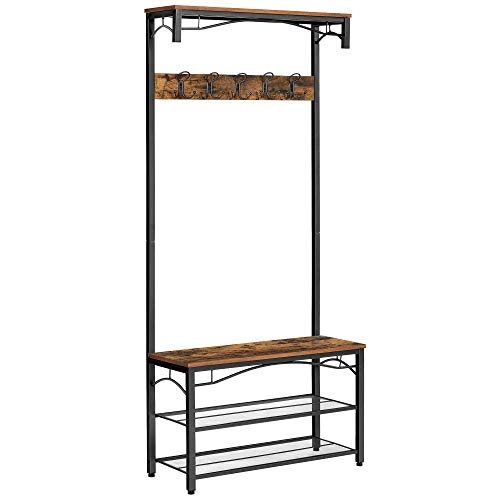 Coat Rack Stand, Industrial Coat Tree, Hallway Shoe Rack and Bench with Shelves, Hall Tree with Hooks, Matte Metal Frame, 80 x 32 x 178.5 cm (L x W x H)