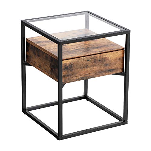 Side Table, Tempered Glass End Table with Drawer and Shelf, Bedside Table, Industrial in Living Room Lounge Foyer, Stable Steel Frame, Rustic Brown and Black