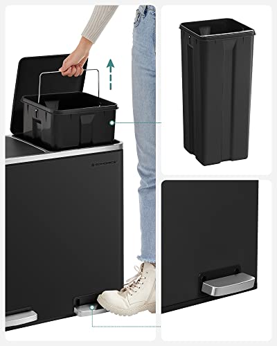 Recycling Bin, Double Trash Can, 2 x 24L, with 2 Compartments, Soft-Close Lids, Pedals, Plastic Inner Buckets and Carry Handles, Black