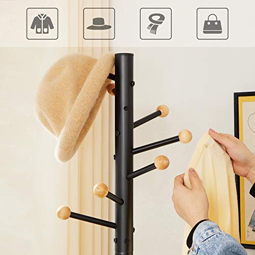 Coat Rack, Freestanding Metal Coat Tree, 11 Hooks with Wooden Ends, for Coats, Hats, Bags, 53.5 x 53.5 x 173 cm, Black