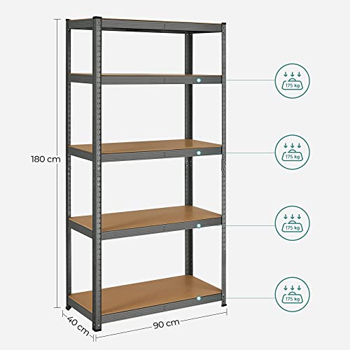 5-Tier Shelving Unit, Steel Shelving Unit for Storage, Tool-Free Assembly, for Garage, Shed, Load Capacity 875 kg, 40 x 90 x 180 cm, Grey