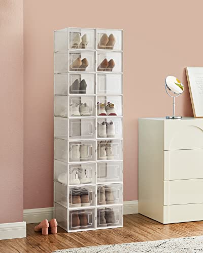 Shoe Boxes, Pack of 18 Stackable Shoe Storage Organisers, Foldable and Versatile for Sneakers, Fit up to UK Size 12, Transparent and White