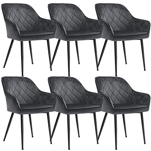 Set of 6 Dining Chairs with Armrests Seat Width 49 cm Metal Legs Velvet Cover Holds up to 110 kg for Study Living Room Bedroom Grey