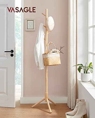 Standing Coat Rack, Solid Wood Coat Rack, Tree-Shaped Coat Rack with 8 Hooks, 3 Height Options, for Clothes, Hats, Bags, for Living Room, Bedroom, Home Office, Natural