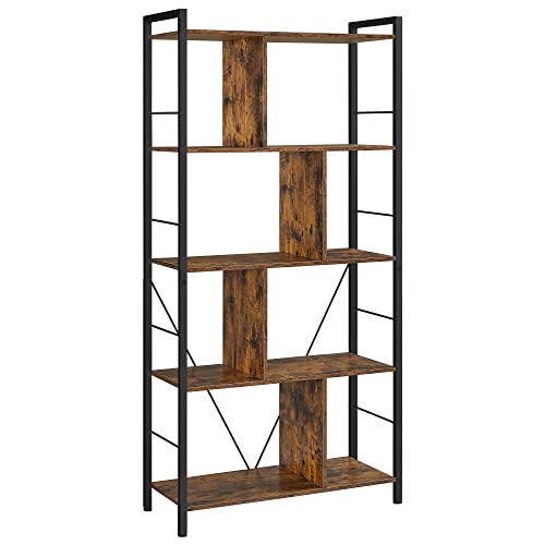 Bookcase, Bookshelf, 5-Tier Living Room Shelving Unit, Industrial Storage Shelf with Open Compartments for Home Office, Bedroom, Industrial Style, Rustic Brown and Black