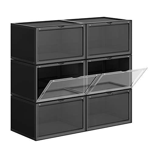 Shoe Boxes, Pack of 6 Stackable Shoe Organisers with Clear Door, Plastic Shoe Storage for UK Size 11, 36 x 28 x 22 cm, Black