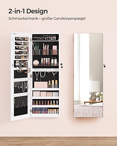 Jewellery Cabinet Armoire, Lockable Wall-Mounted Storage Organiser Unit with 2 Plastic Cosmetic Storage Trays, Full-Length Frameless Mirror, for Necklace Earring, White