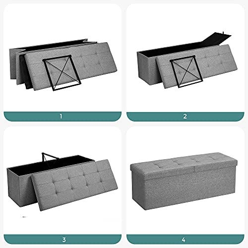 120L Folding Ottoman Bench Storage Box Storage Cube Flipping Lid Shoe Bench Footstool Load Capacity of 300 Kg Light Grey 110 x 38 x 38 cm