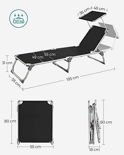 Sun Lounger, Sunbed, Reclining Sun Chair with Sunshade, Adjustable Backrest, Foldable, Lightweight, 55 x 193 x 31 cm, Load Capacity 150 kg, for Garden, Patio, Black