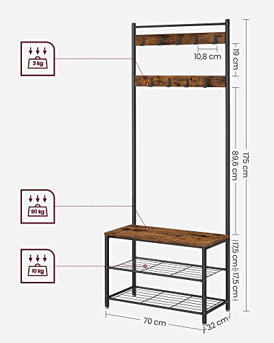 Coat Rack, Coat Stand with Shoe Storage Bench, Hall Tree with Shoe Rack, 3-in-1 Design, Steel Frame, for Hallway, Entrance, 32 x 70 x 175 cm, Industrial, Rustic Brown and Black