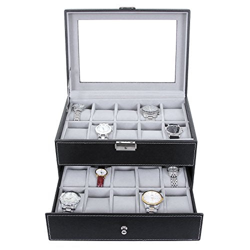 Watch Box with 20 Slots, Large Watch Storage Display Case with Glass Lid, PU Cover, Velvet Lining, Great Gift for Loved Ones, Black