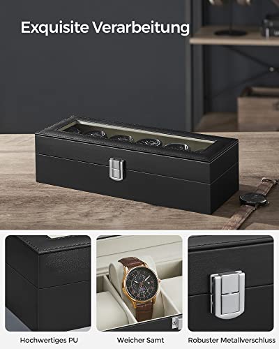 Watch Box with 6 Slots, Watch Case with Glass Lid, Velvet Watch Pillows, Watch Holder with Clasp, 11.2 x 30 x 8 cm, Gift Idea, Black Synthetic Leather, Greenish Grey Lining