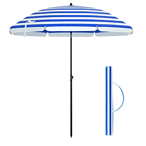 1.6 m Parasol, Beach Umbrella, Sun Protection with UPF 50+, Portable Octagonal Canopy, Tilt Mechanism, Air Vent, Carry Bag, for Beach, Gardens, Balcony, Pool, Blue and White Stripes