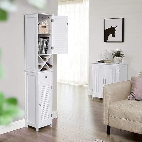 Floor Cabinet, Bathroom Tall Cabinet with Shutter Doors, Drawer, and Removable X-Shaped Stand, 32 x 30 x 170 cm, Scandinavian Style, White