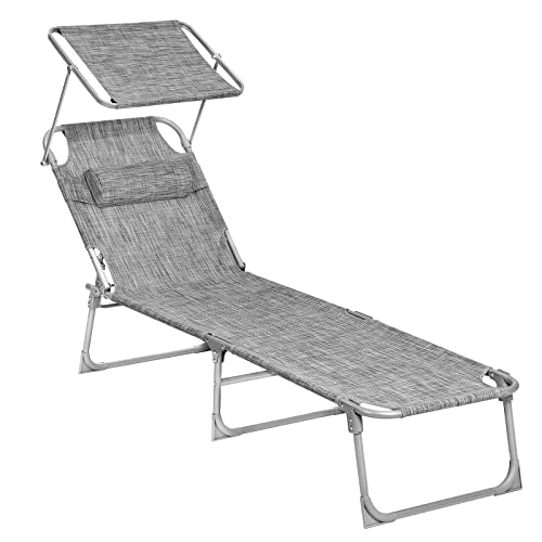 Sun Lounger, Sunbed, Reclining Sun Chair, with Headrest, Adjustable Backrest, Sunshade, Lightweight, Foldable, 53 x 193 x 29.5 cm, Load Capacity 150 kg, for Garden, Greige