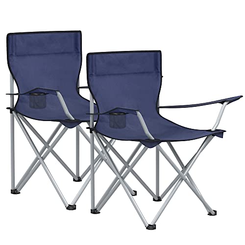 Folding Camping Chairs, Set of 2 Outdoor Chair, with Armrests, Cup Holder, Portable, 120 kg Capacity, for Camping, Garden, Fishing, Beach, Balcony, Dark Blue