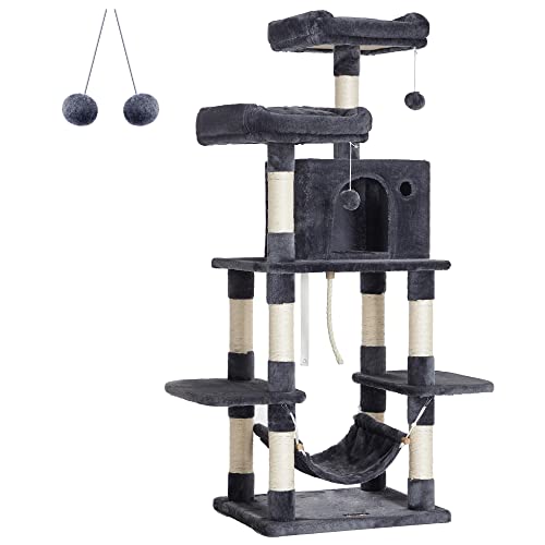 Cat Tree with Pompoms, Cat Tower 150 cm, Smoky Grey