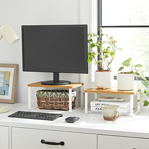 Spice Rack, Set of 2 Cupboard Shelf Organiser, Expandable Kitchen Shelf Organiser, Stackable Spice Holder, Metal and Bamboo, White and Natural