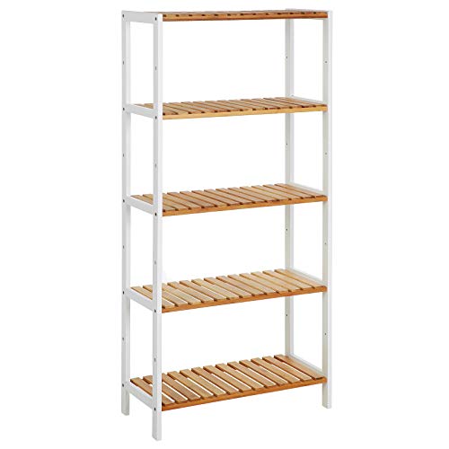 5-Tier Bathroom Storage Shelves, Bamboo Kitchen Shelf with 9 Adjustable Heights, Multifunctional Display Stand in Living Room, Hallway, 60 x 26 x 130 cm, White and Natural