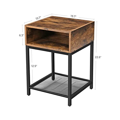 Nightstand, Side Table, End Table with Open Compartment and Mesh Shelf, for Living Room Bedroom, Easy Assembly, Space-Saving, Industrial, Rustic Brown and Black