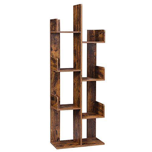 Tree-Shaped Bookcase, Bookshelf with 8 Storage Compartments, 50 x 25 x 140 cm, with Rounded Corners, Rustic Brown