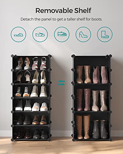 Interlocking Shoe Rack, Rectangular Storage Organiser, 10 Slot Modular DIY Storage Shelf Unit, 40 x 30 x 17 cm for Each Slot, Plastic Wardrobe with Doors, Black