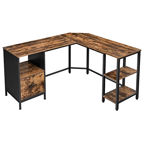 Corner Desk, L-Shaped Computer Desk, Office Desk with Cupboard and Hanging File Cabinet, 2 Shelves, Home Office, Space-Saving, Easy Assembly, Industrial Design, Rustic Brown and Black