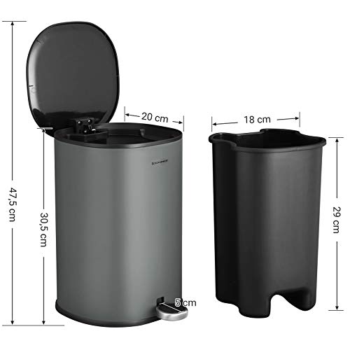 Rubbish Bin, 5 L Bathroom Bin, Steel Pedal Bin, with Inner Bucket, Soft-Close Lid, and Handle, for Bathroom, Toilet, Grey and Black