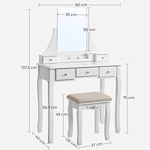 Vanity Set, Dressing Table Set with Large Frameless Mirror for Makeup, 5 Drawers and a Removable Storage Organiser, Cushioned Stool, White