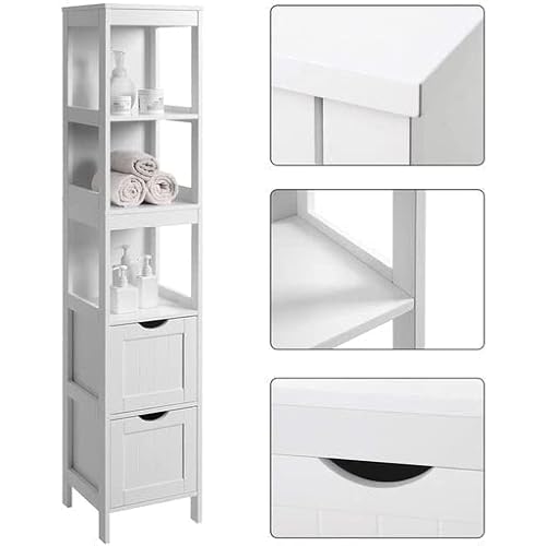 Hochschrank, Badezimmerschrank, Aufbewahrung von Badutensilien, mit 2 Schubladen und 3 offenen Fächern, 30 x 30 x 141,5 cm, Badezimmer, Wohnzimmer, Küche, weiß