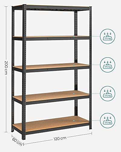 5-Tier Shelving Unit, Steel Shelving Unit for Storage, Tool-Free Assembly, for Garage, Shed, Load Capacity 875 kg, 60 x 120 x 200 cm, Black