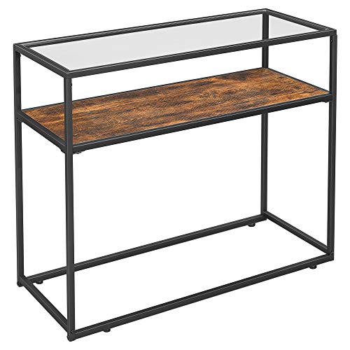 Console Table, Entrance Console, Tempered Glass Top, Robust Steel Frame, Easy Assembly, for Living Room Hallway, Industrial Style, Rustic Brown and Black