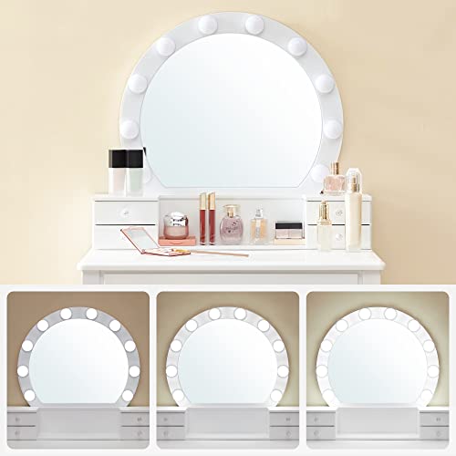 Dressing Table Set with Mirror, 10 Dimmable Bulbs, Modern, Padded Stool, 5 Drawers, 70 x 40 x 134 cm, Gift Idea, White