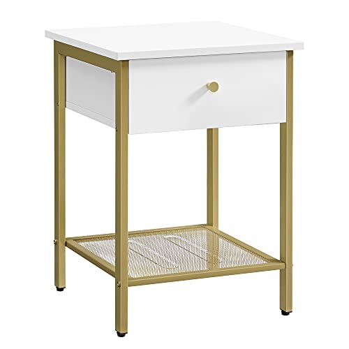 Bedside Table with Drawer and Mesh Shelf for Bedroom Living Room Modern White Gold