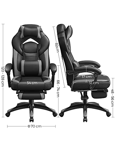 Gaming Chair, Office Racing Chair with Footrest, Ergonomic Design, Adjustable Headrest, Lumbar Support, 150 kg Weight Capacity, Black and Grey