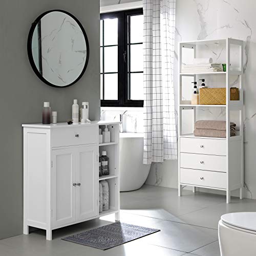 Bathroom Floor Cabinet, Storage Organiser Unit, Cupboard with Drawer, 3 Open Compartments, Adjustable Shelves, 2 Doors, 75 x 30 x 80 cm, Scandinavian Nordic Style, Matte White