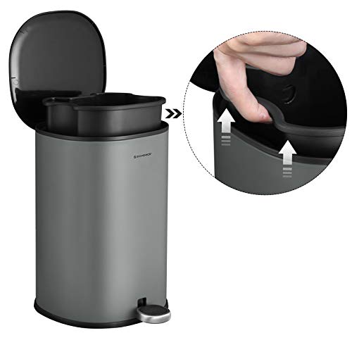 Rubbish Bin, 5 L Bathroom Bin, Steel Pedal Bin, with Inner Bucket, Soft-Close Lid, and Handle, for Bathroom, Toilet, Grey and Black