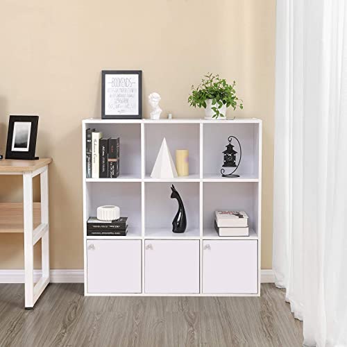 Wooden Storage Bookcase, Freestanding Display Shelf, DVD Rack Bookshelf, with 3 Bottom Cabinets, White