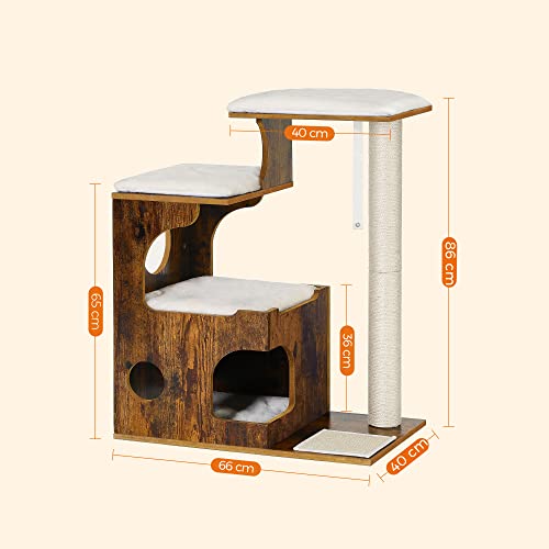 86 cm Cat Tree, Medium Cat Tower with 3 Beds and Cave, Cat Condo Made of MDF with Wood Veneer, Sisal Post and Washable Faux Fur, Vintage, Rustic Brown and White