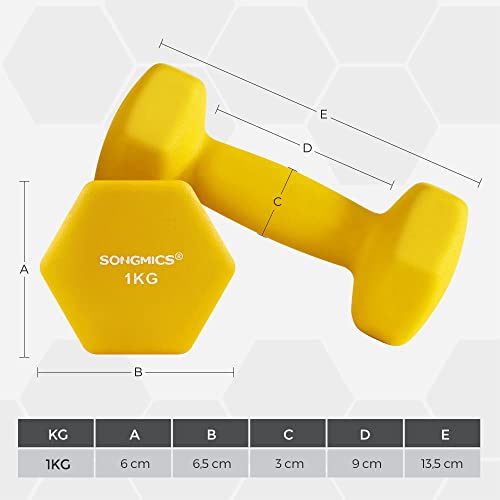 Set of 2 Dumbbells, 2 x 1 kg, Non-Slip Neoprene Hand Weights, with Matte Finish, for Home Workout, Yellow