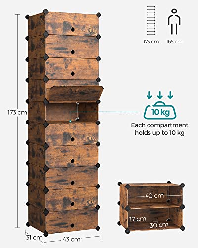 Interlocking Shoe Rack, Rectangular Storage Organiser, 10 Slot Modular DIY Storage Shelf Unit, 40 x 30 x 17 cm for Each Slot, Plastic Wardrobe with Doors, Rustic Brown